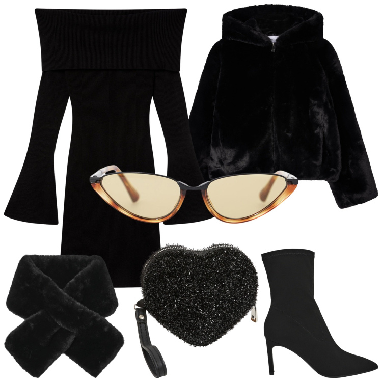 Outfit donna - Spooky Halloween. Stile Chic per Serata fuori. Abbinamento con portafogli, vestiti corti, stivali, sciarpe, ecopellicce, occhiali da sole.