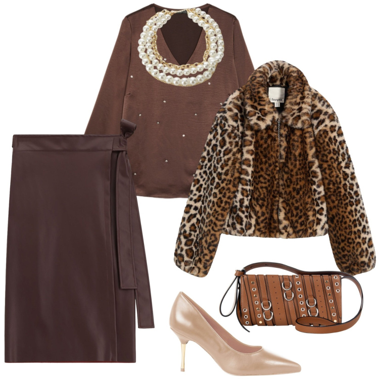Outfit donna - W il cioccolato. per Tutti i giorni. Abbinamento con ecopellicce, gonne longuette, collane, borse a spalla, décolleté, bluse.