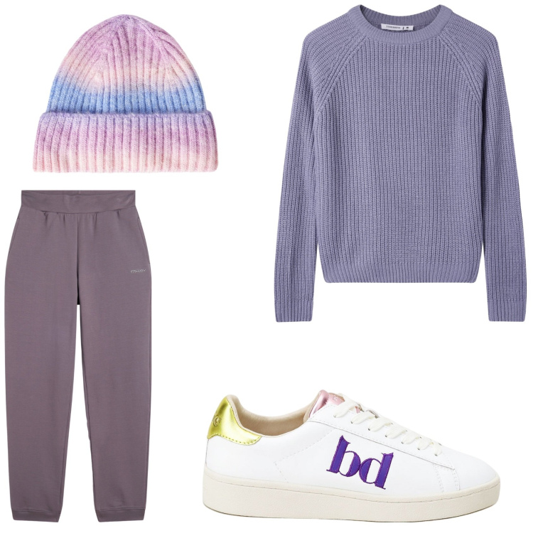 Outfit donna - Al cottage di montagna. Stile Basic per Tutti i giorni. Abbinamento con berretti, maglieria, pantaloni, sneakers.