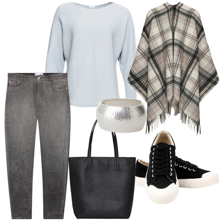 Outfit donna - Autunno. per Scuola/Università. Abbinamento con maglieria, jeans skinny, borse tote, cappotti, anelli, sneakers.