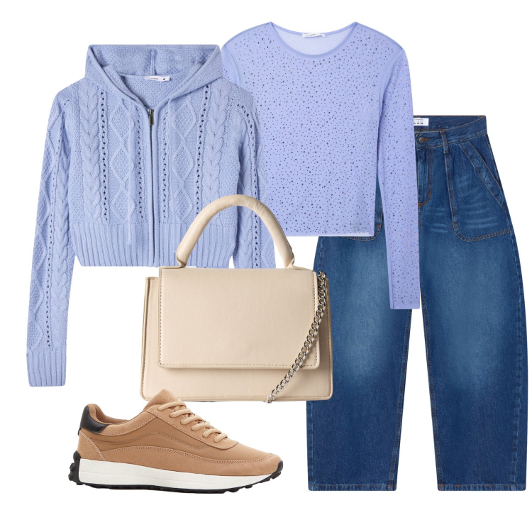 Outfit donna - Total look #2268815. Stile Casual per Tutti i giorni. Abbinamento con sneakers, maglieria, borse a tracolla, cardigans, jeans.