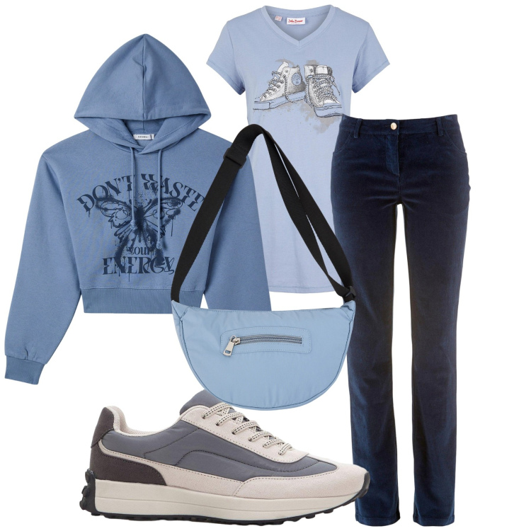 Outfit donna - Total look #2268816. Stile Sporty chic per Tutti i giorni. Abbinamento con pantaloni, maglieria, sneakers, borse a tracolla, felpe con cappuccio.