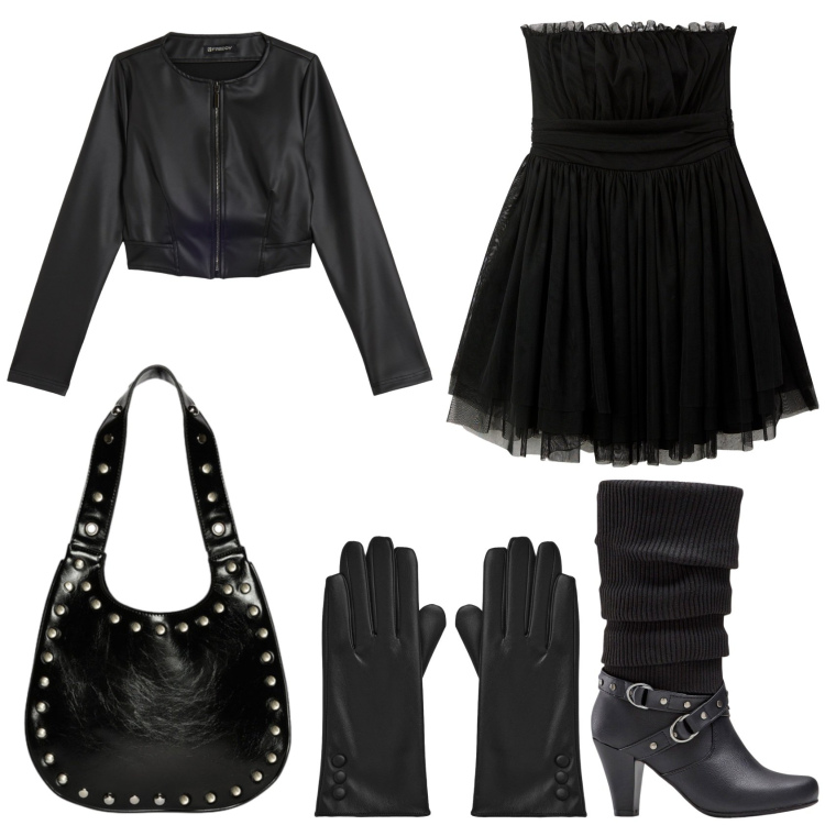 Outfit donna - Spooky Halloween in nero dark. Stile Vintage retrò per Serata fuori. Abbinamento con stivali, vestiti corti, guanti, giacche, borse a spalla.