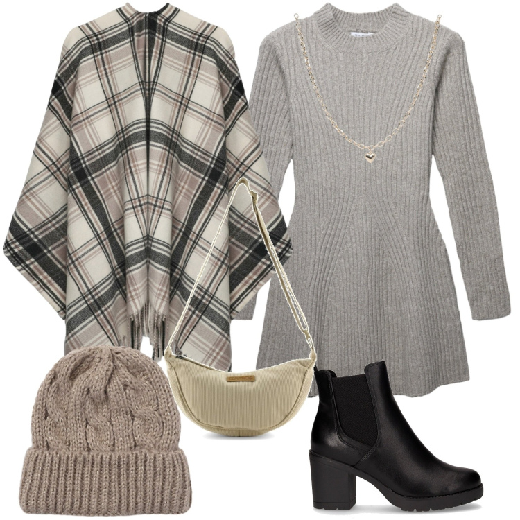 Outfit donna - Lana d\'autunno. Stile Trendy per Scuola/Università. Abbinamento con collane, cappotti, vestiti corti, berretti, stivaletti chelsea, borse a tracolla.