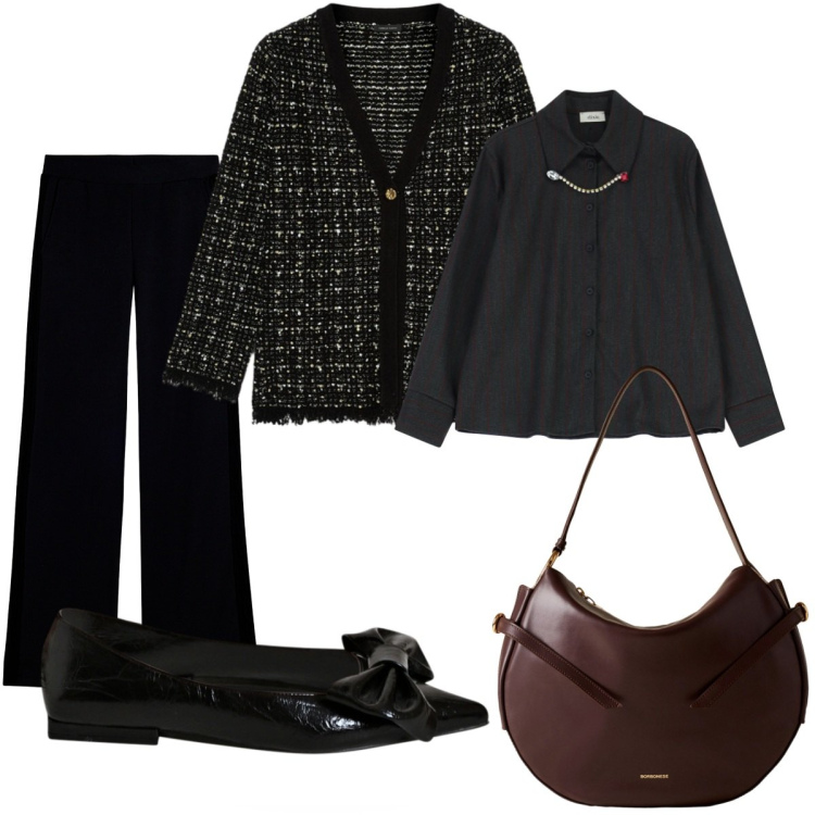 Outfit donna - Mi metto il cardigan. Stile Casual chic per Tutti i giorni. Abbinamento con ballerine, camicie, pantaloni, borse a spalla, cardigans.