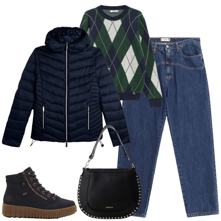 Outfit donna - Total look #2268822. Stile Casual per Tutti i giorni. Abbinamento con sneakers alte, jeans, maglieria, borse a spalla, piumini.