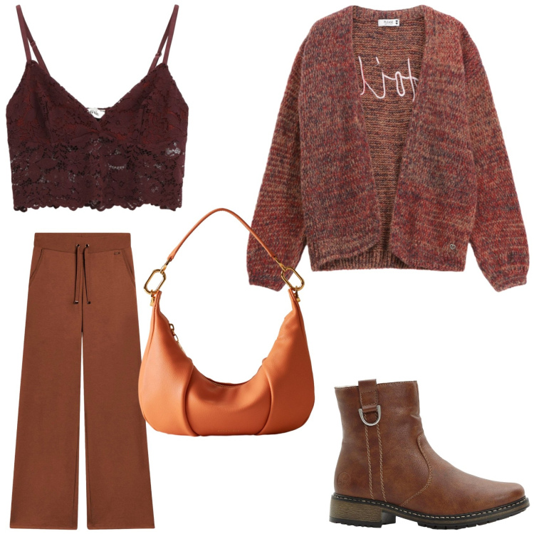 Outfit donna - Mi metto il cardigan. Stile Casual chic per Tutti i giorni. Abbinamento con stivaletti, cardigans, top, borse a spalla, pantaloni.