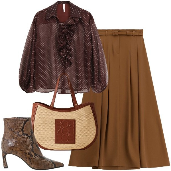 Outfit donna - Mettere i puntini. Stile Chic per Ufficio. Abbinamento con gonne lunghe, camicie, stivaletti, shopping bag.