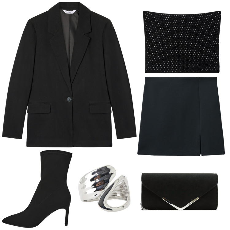 Outfit donna - In black. Stile Sexy per Serata fuori. Abbinamento con pochette, minigonne, top, stivali, blazer, anelli.