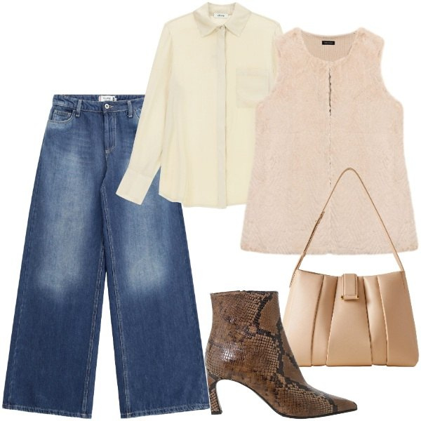 Outfit donna - Denim e stampa cocco. Stile Casual chic per Serata fuori. Abbinamento con jeans, camicie, stivaletti, borse a spalla, maglieria.