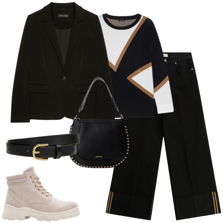 Outfit donna - City. Stile Casual chic per Tutti i giorni. Abbinamento con stivaletti, cinture, pantaloni a palazzo, borse a spalla, blazer, maglieria.