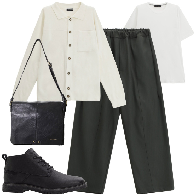 Outfit uomo - City. Stile Urban per Tutti i giorni. Abbinamento con stivali e stivaletti, cardigans, borse sportive, t-shirt, pantaloni.