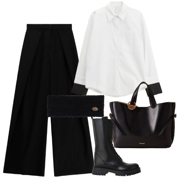 Outfit donna - Mannish. Stile Mannish per Ufficio. Abbinamento con shopping bag, camicie, pantaloni a palazzo, stivali, fasce per capelli.