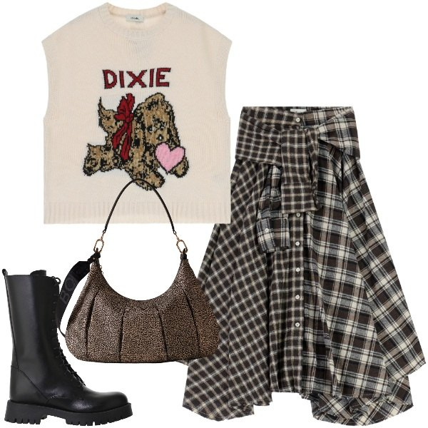 Outfit donna - Gonna con le mamicie. Stile Casual chic per Tutti i giorni. Abbinamento con gonne lunghe, stivali, maglieria, borse a spalla.