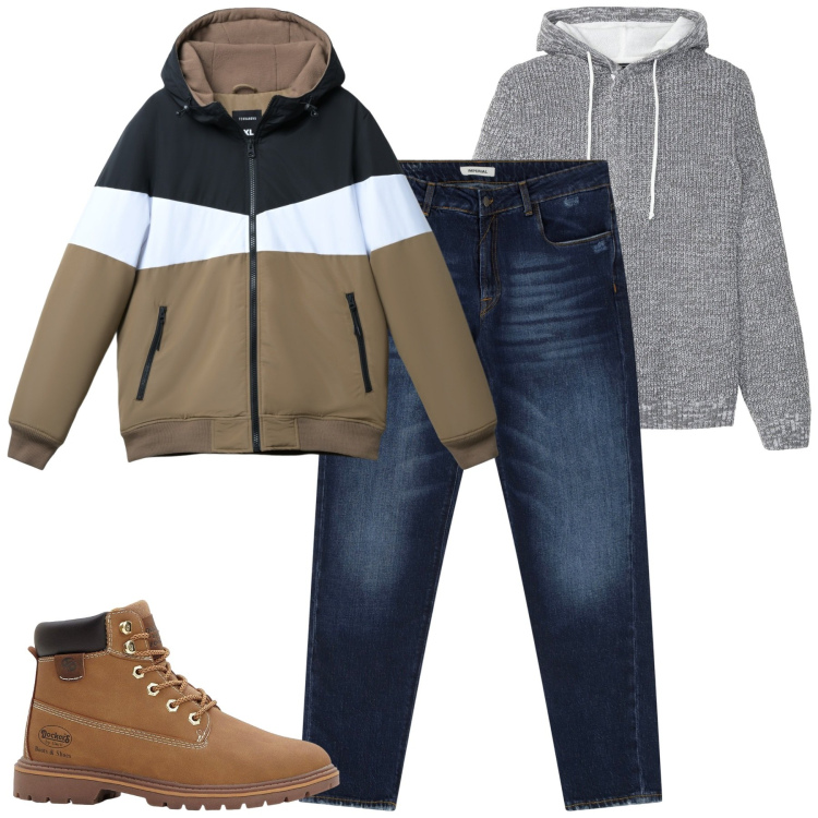 Outfit uomo - Total look #2268835. Stile Casual per Tutti i giorni. Abbinamento con maglieria, stivali e stivaletti, piumini, jeans dritti.
