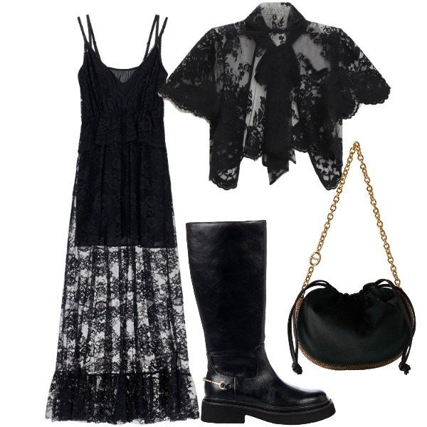 Outfit donna - Halloween. Stile Rock per Serata fuori. Abbinamento con borse a spalla, stivali sopra il ginocchio, top, vestiti lunghi.