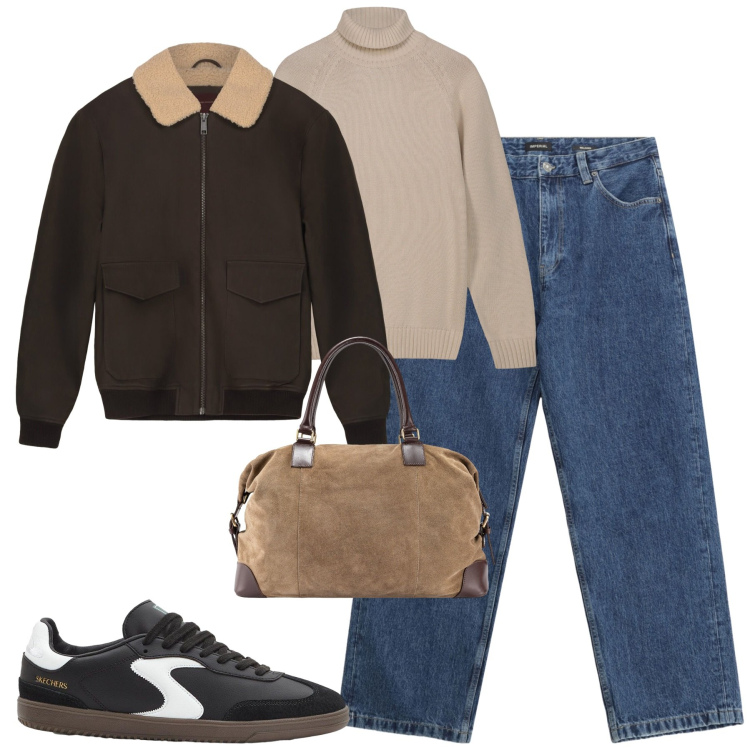Outfit uomo - City. Stile Urban per Tutti i giorni. Abbinamento con sneakers, jeans, borse sportive, pullovers, bomber.