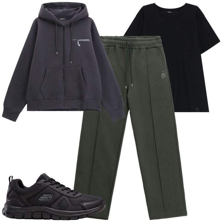Outfit uomo - Sporty. Stile Casual per Tutti i giorni. Abbinamento con sneakers, t-shirt, pantaloni, felpe con cappuccio.