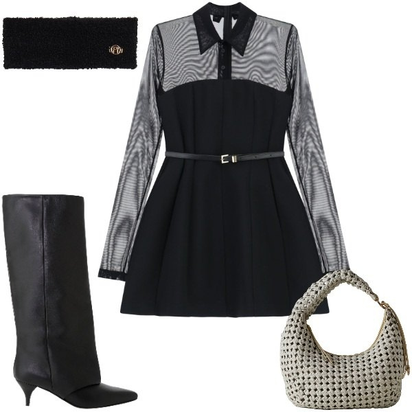 Outfit donna - Halloween. Stile Glamour per Serata fuori. Abbinamento con borse a spalla, vestiti corti, stivali, fasce per capelli.