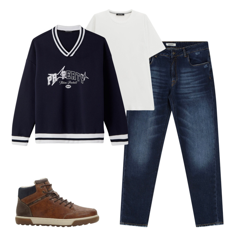 Outfit uomo - Ottobre. Stile Casual per Tutti i giorni. Abbinamento con sneakers alte, felpe, jeans dritti, t-shirt.