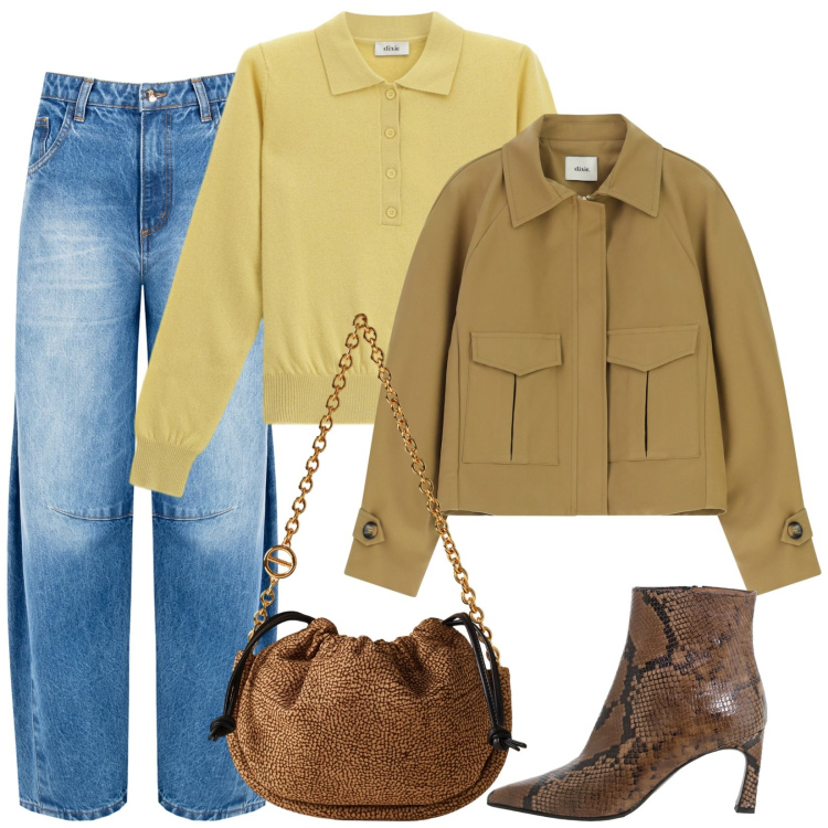 Outfit donna - Giallo senape. Stile Casual per Serata fuori. Abbinamento con jeans, stivaletti, bomber, pullovers, borse a spalla.
