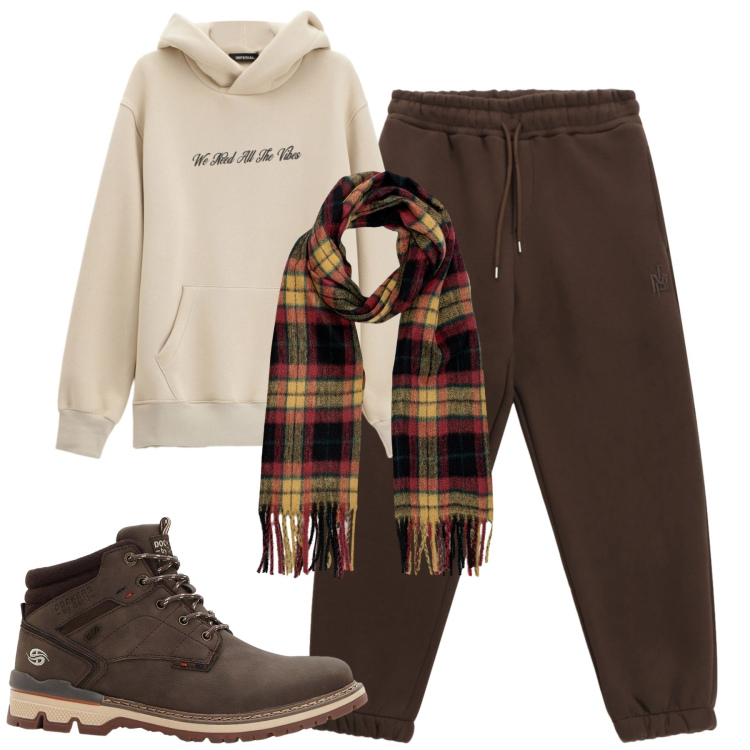 Outfit uomo - Total look #2268851. Stile Casual per Tutti i giorni. Abbinamento con stivali e stivaletti, felpe con cappuccio, pantaloni, sciarpe.
