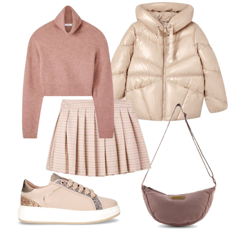 Outfit donna - Saldi. Stile Basic per Tutti i giorni. Abbinamento con minigonne, giacche, maglieria, borse a tracolla, sneakers.