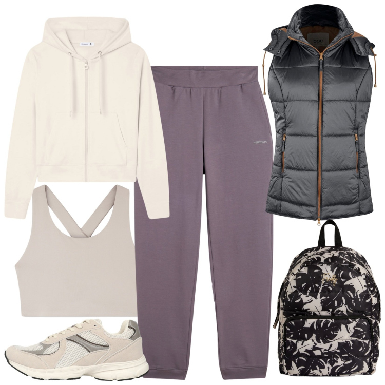 Outfit donna - Total look #2268861. Stile Urban per Sport. Abbinamento con gilet, top sportivi, felpe con cappuccio, sneakers, zaini, pantaloni.