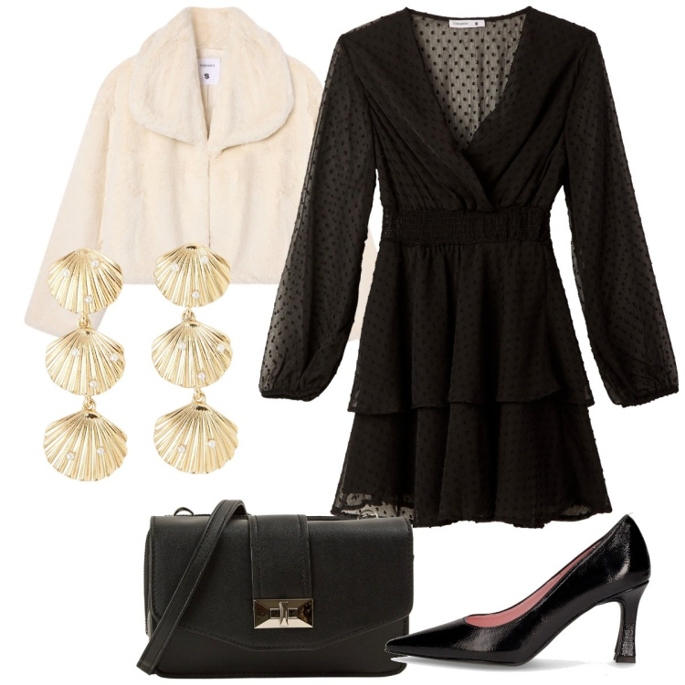 Outfit donna - Serata speciale. Stile Basic per Serata fuori. Abbinamento con vestiti corti, orecchini, borse a tracolla, ecopellicce, décolleté.