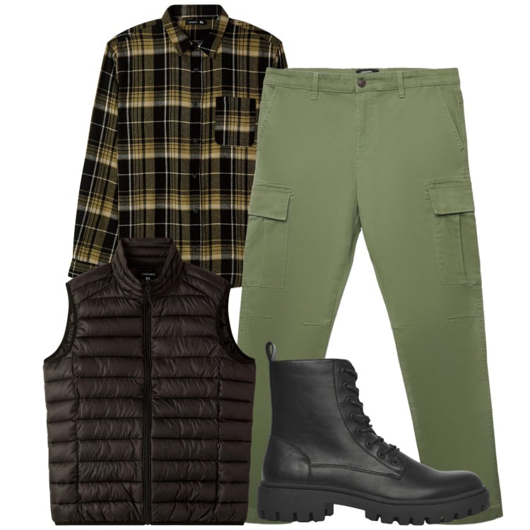 Outfit uomo - Total look #2268873. Stile Casual per Tutti i giorni. Abbinamento con camicie, anfibi, piumini, pantaloni cargo.