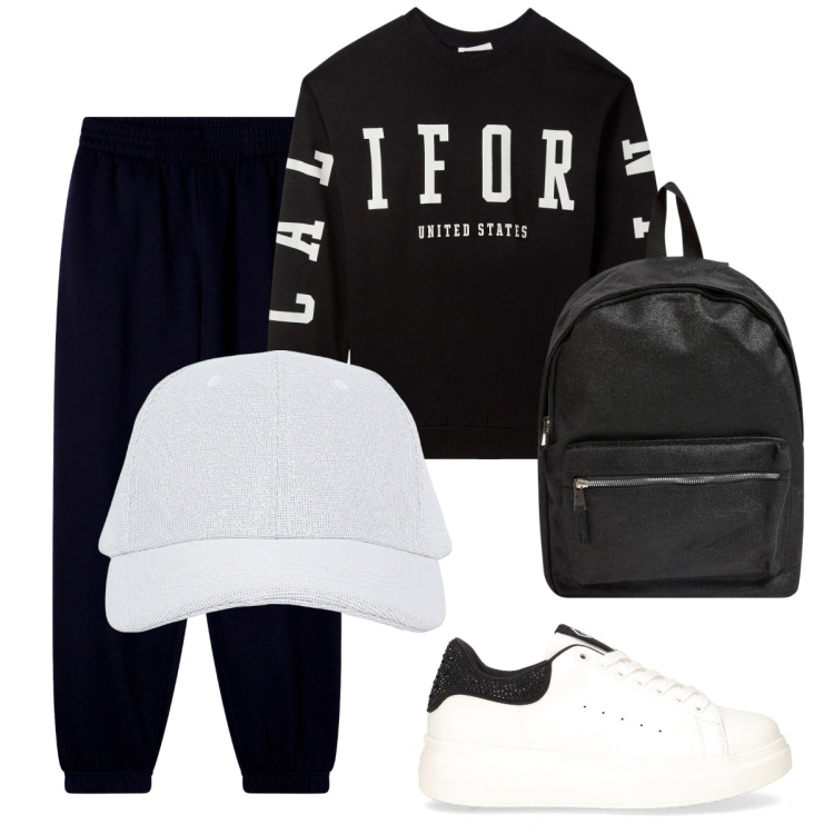 Outfit donna - Cappellino bianco. Stile Basic per Tutti i giorni. Abbinamento con zaini, felpe, pantaloni, cappelli con visiera, sneakers.