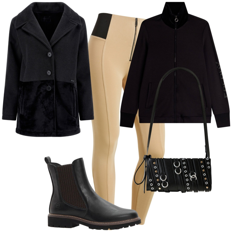 Outfit donna - Ottobre. Stile Sporty chic per Tutti i giorni. Abbinamento con stivaletti chelsea, borse a spalla, cappotti, pantaloni skinny, felpe.