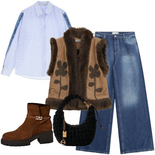 Outfit donna - Il gilet pelosone. Stile Casual chic per Tutti i giorni. Abbinamento con camicie, jeans, gilet, borse a mano, stivaletti.