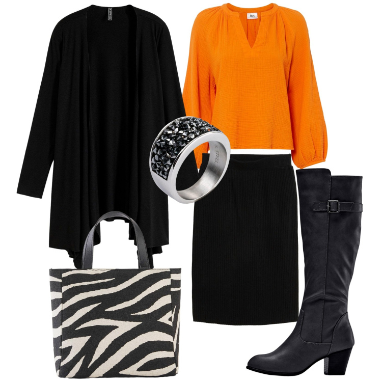 Outfit donna - Aperitivo in centro. Stile Casual chic per Tutti i giorni. Abbinamento con gonne, cardigans, stivali, anelli, bluse, borse a mano.