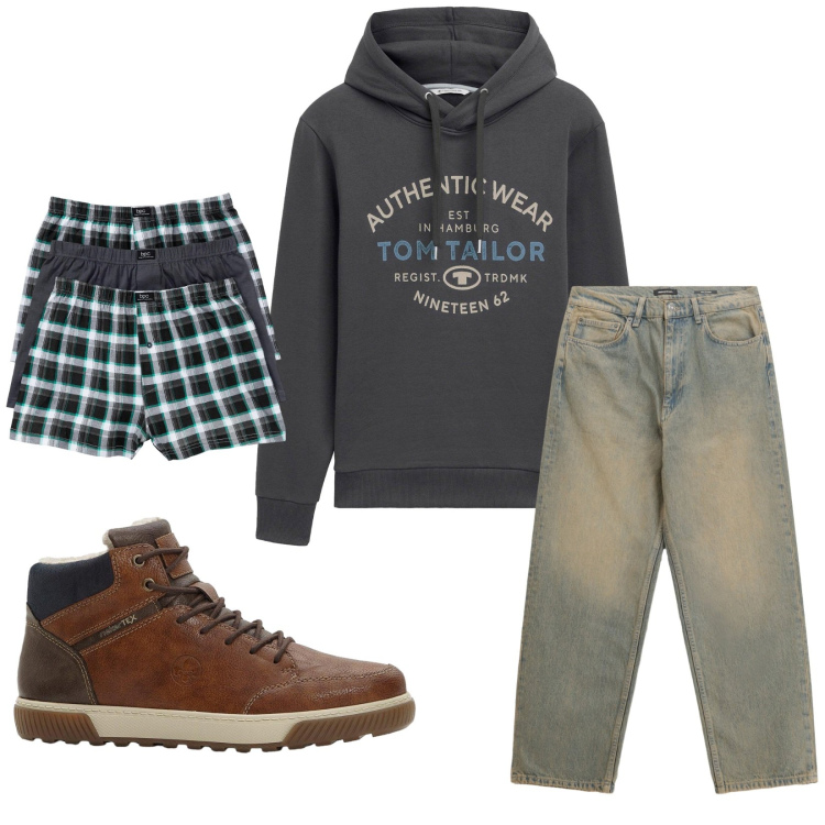 Outfit uomo - Total look #2268881. Stile Trendy per Tutti i giorni. Abbinamento con boxer, felpe con cappuccio, sneakers alte, jeans.