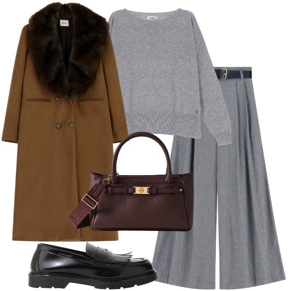 Outfit donna - Perfetta per l\'autunno. Stile Casual chic per Tutti i giorni. Abbinamento con mocassini, maglieria, cappotti, borse a mano, pantaloni a palazzo.