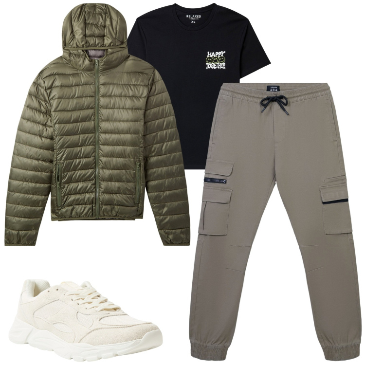 Outfit uomo - Total look #2268883. Stile Casual per Tutti i giorni. Abbinamento con sneakers, piumini, pantaloni cargo, t-shirt.