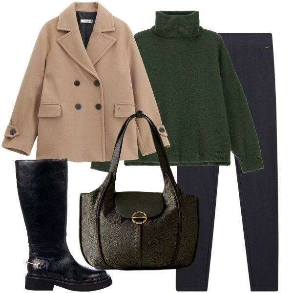Outfit donna - Perfetta per l\'autunno. Stile Casual chic per Tutti i giorni. Abbinamento con stivali sopra il ginocchio, cappotti, maglieria, leggings, shopping bag.