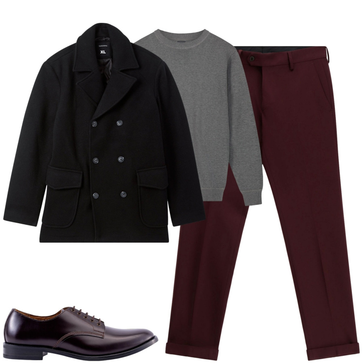 Outfit uomo - Total look #2268887. Stile Trendy per Tutti i giorni. Abbinamento con caban, pantaloni, scarpe stringate, maglieria.
