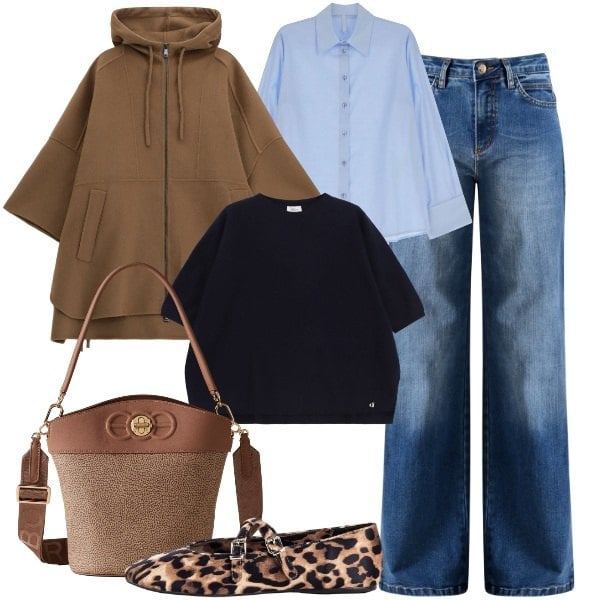 Outfit donna - Perfetta per l\'autunno. Stile Chic per Tutti i giorni. Abbinamento con cappotti, maglieria, borse a secchiello, jeans, ballerine, camicie.