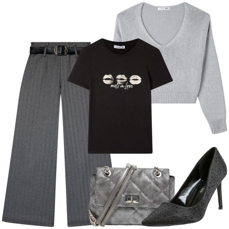 Outfit donna - Pull e t-shirt. Stile Basic per Serata fuori. Abbinamento con maglieria, pantaloni, décolleté, t-shirt, borse a tracolla.