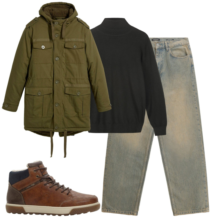 Outfit uomo - Total look #2268903. Stile Casual per Tutti i giorni. Abbinamento con parka, sneakers alte, jeans, maglieria.