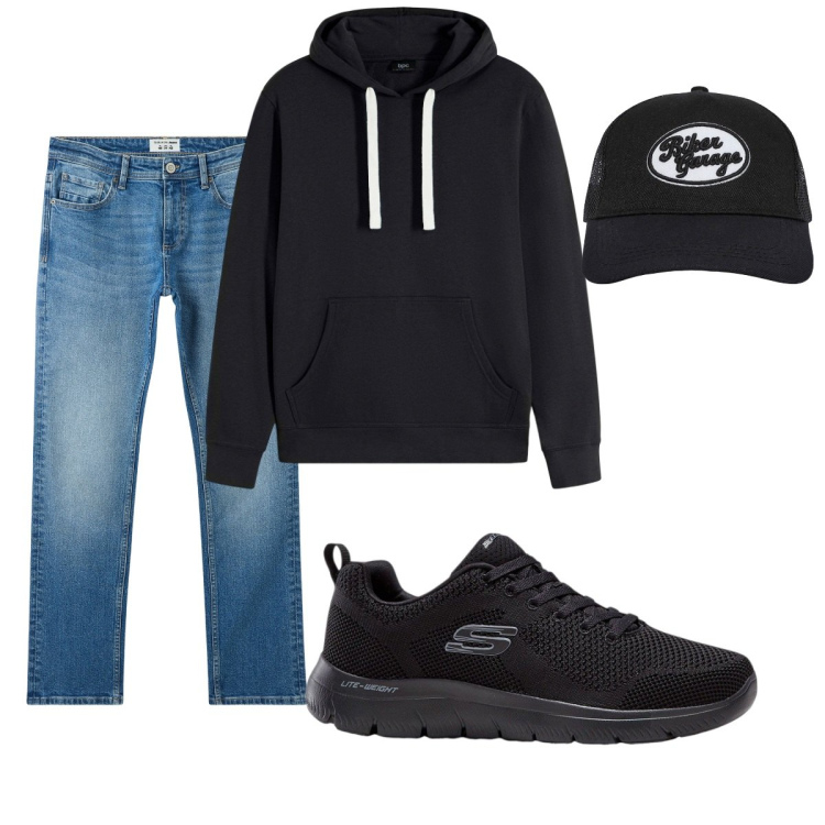 Outfit uomo - Total look #2268904. Stile Casual per Tutti i giorni. Abbinamento con sneakers, felpe con cappuccio, jeans, cappelli.