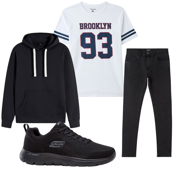 Outfit uomo - Total look #2268907. Stile Casual per Tutti i giorni. Abbinamento con sneakers, felpe con cappuccio, jeans skinny, t-shirt.