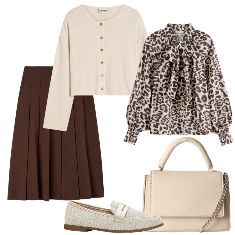 Outfit donna - Mocassini e gonna. Stile Basic per Ufficio. Abbinamento con camicie, mocassini, cardigans, gonne lunghe, borse a tracolla.