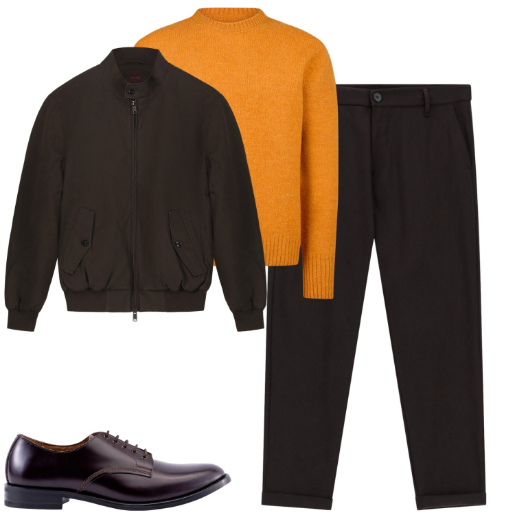Outfit uomo - Il pull arancio. Stile Urban per Tutti i giorni. Abbinamento con pantaloni, scarpe stringate, maglieria, bomber.