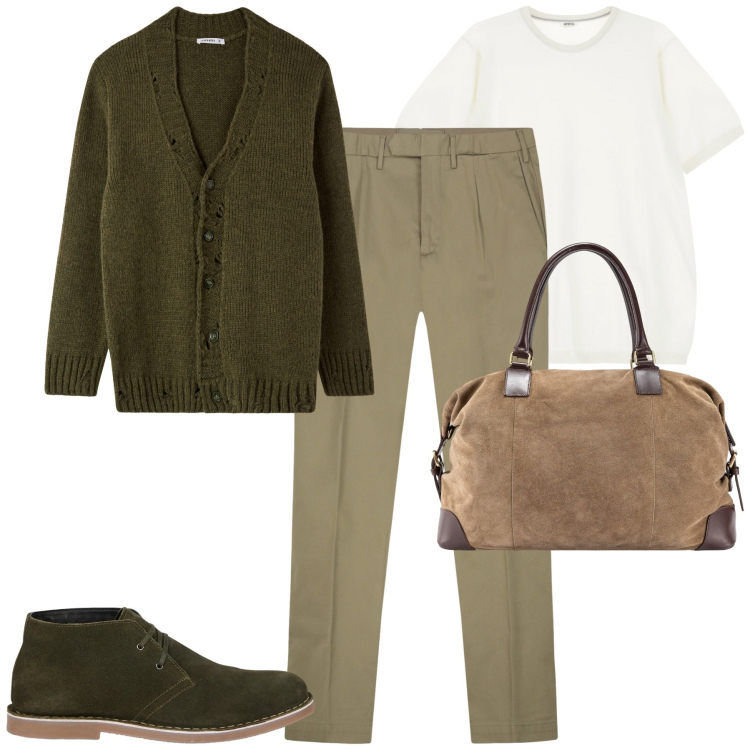 Outfit uomo - City. Stile Urban per Tutti i giorni. Abbinamento con cardigans, t-shirt, stivali e stivaletti, pantaloni, borse sportive.