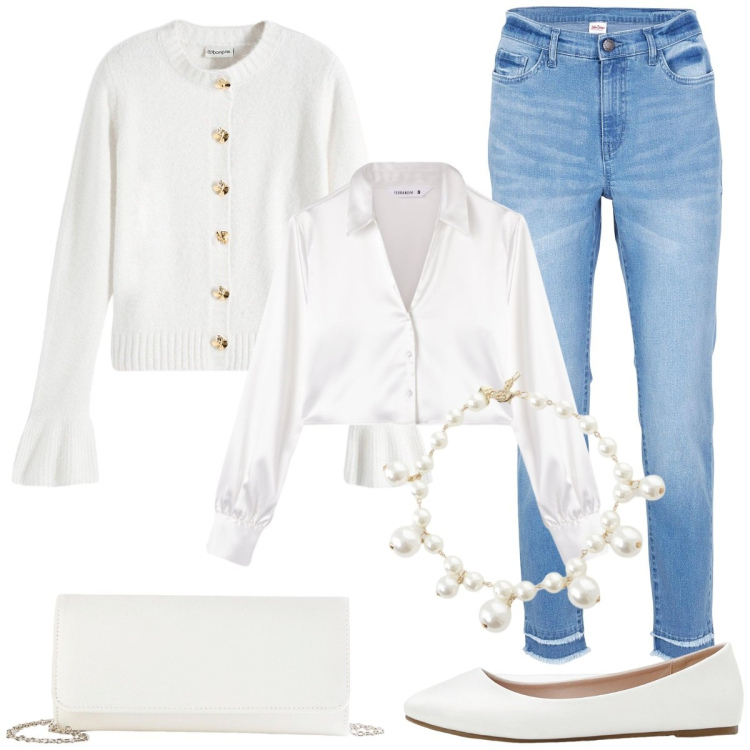Outfit donna - Bianco. Stile Basic per Tutti i giorni. Abbinamento con ballerine, jeans, pochette, cardigans, camicie, collane.