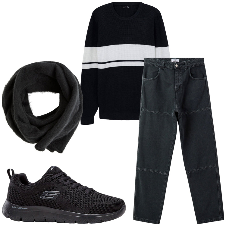 Outfit uomo - Total look #2268919. Stile Casual per Tutti i giorni. Abbinamento con sneakers, sciarpe e foulard, maglieria, pantaloni.