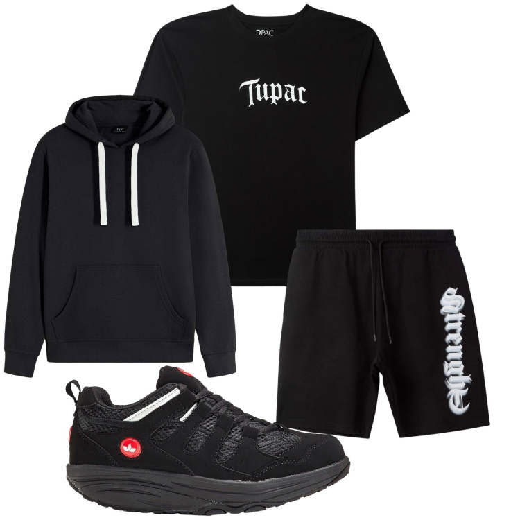 Outfit uomo - Total look #2268921. Stile Trendy per Sport. Abbinamento con felpe con cappuccio, sneakers, t-shirt, bermuda.